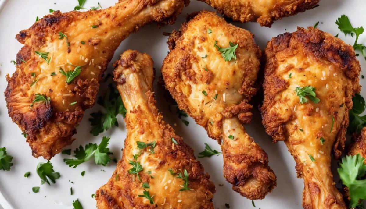 Golden brown and crispy air fried chicken drumsticks on a white plate