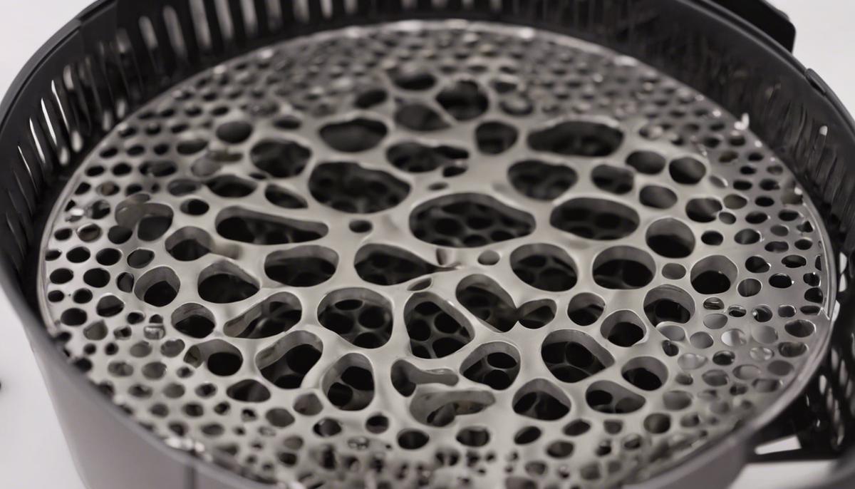 Close up view of an air fryer basket showing the holes that allow for air circulation