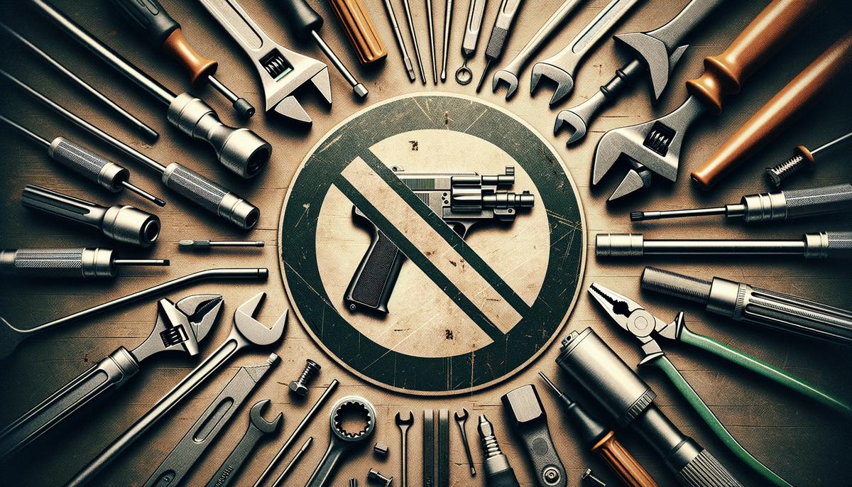 Tools used for air gun modifications with a 'restricted' sign