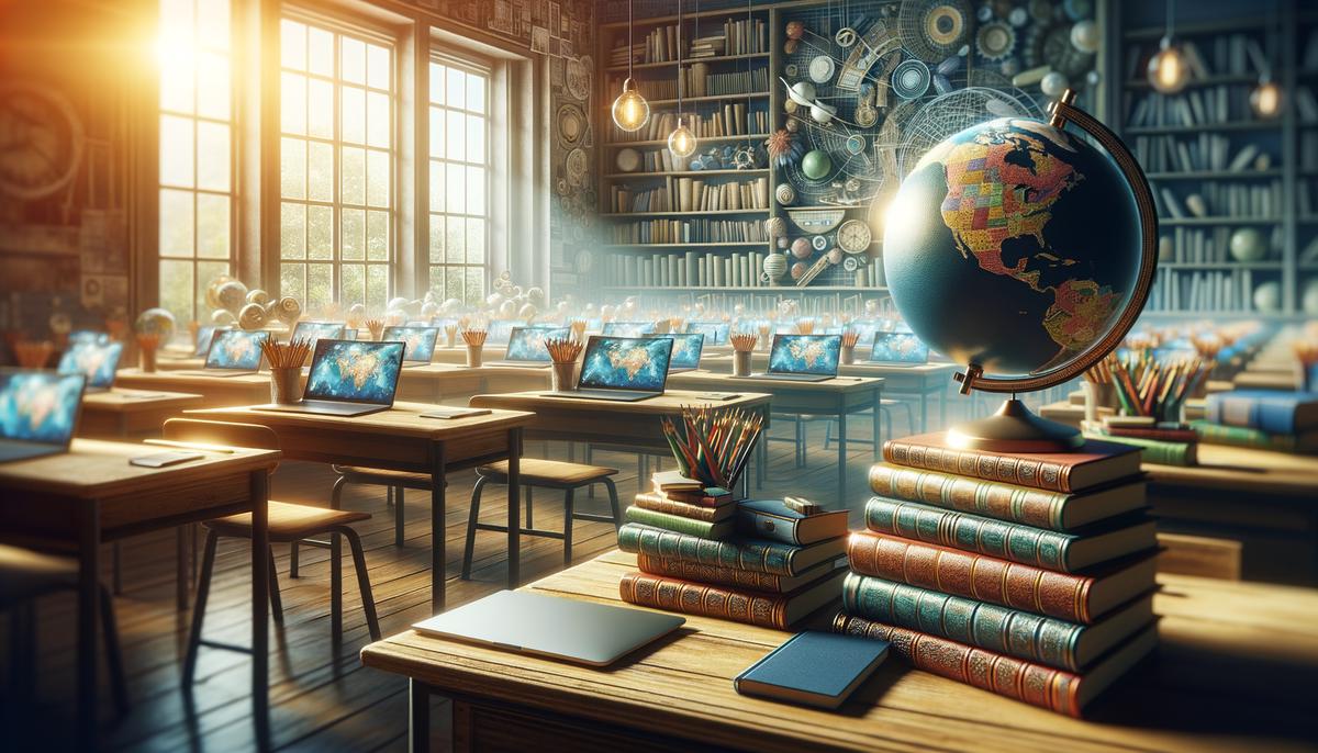 Various educational elements in a classroom such as books, laptops, and a globe