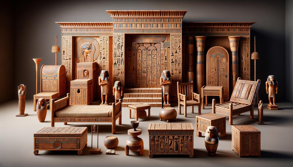 Pieces of intricately carved and decorated ancient Egyptian wooden furniture.