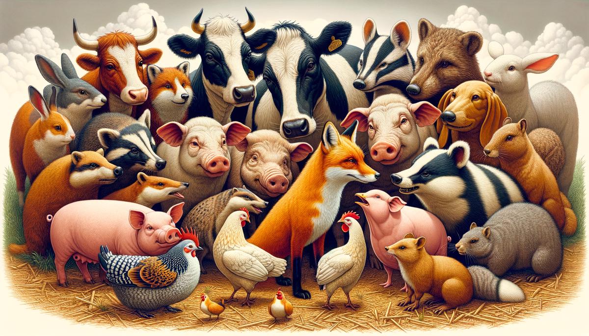 Farm animals and forest creatures gathered together, whispering and looking concerned