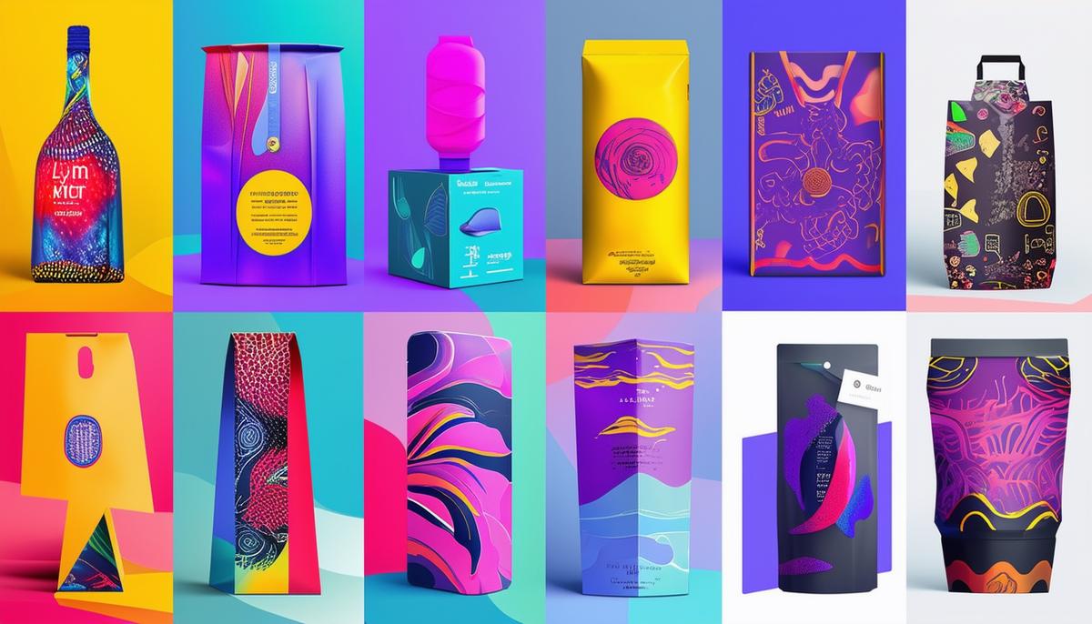 A collection of artistic and eye-catching custom packaging designs with vibrant colors, unique shapes, and intricate details.