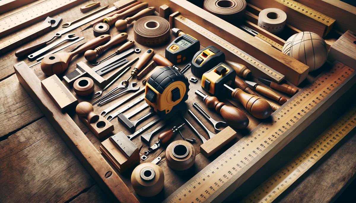 An assortment of various measuring and marking tools for woodworking including tape measures, squares, and levels arranged on a workbench.