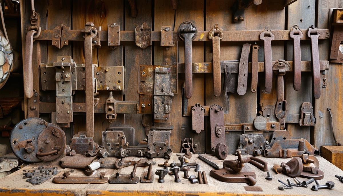 An assortment of reclaimed hardware, including hinges, handles, and screws, displayed on a workbench.