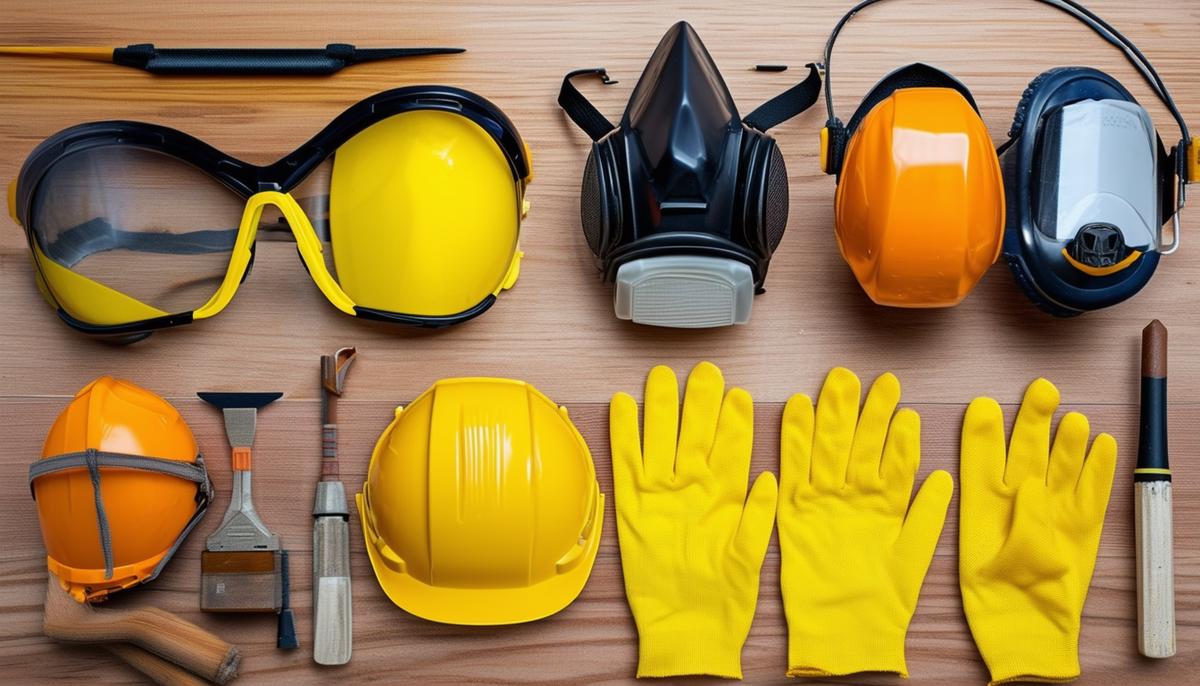 An assortment of safety gear for woodworking including safety glasses, dust masks, ear protection, and gloves.