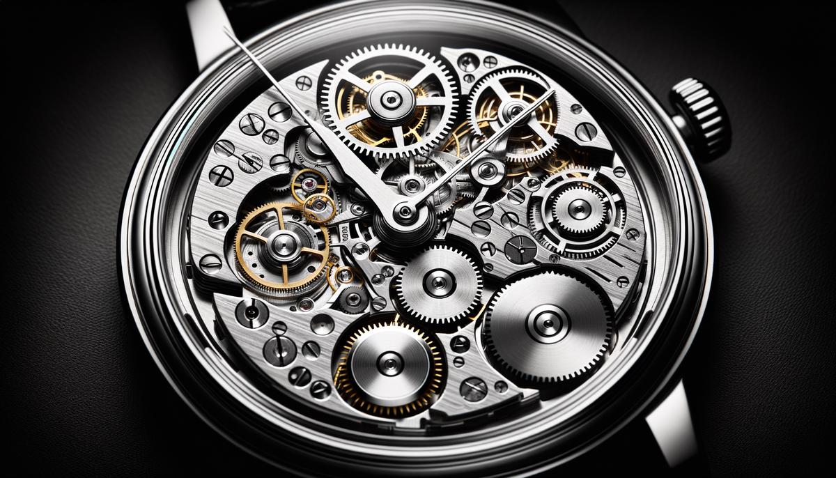 A close-up image of the intricate gears and mechanisms inside an automatic watch.