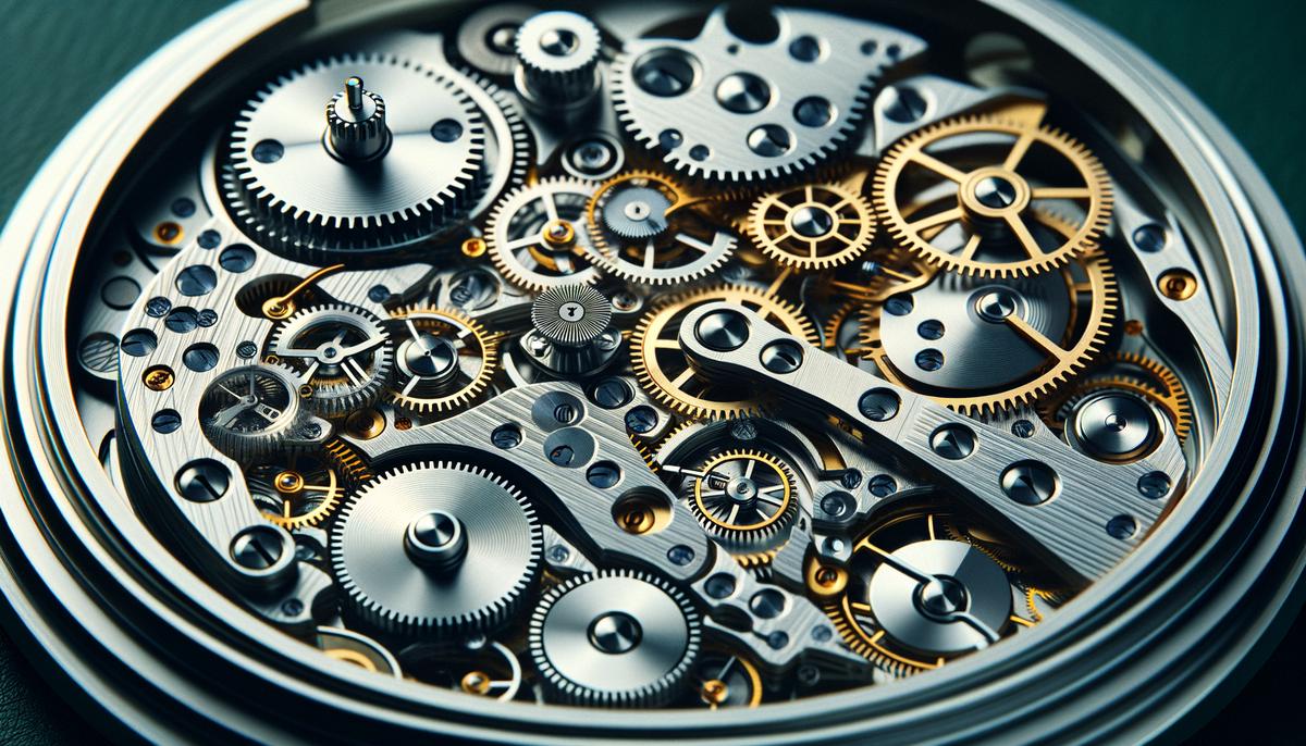 Close-up image of the intricate gears and components inside an automatic watch movement