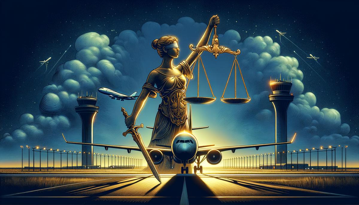 A scale of justice in front of an airport and airplane, representing aviation law and safety standards