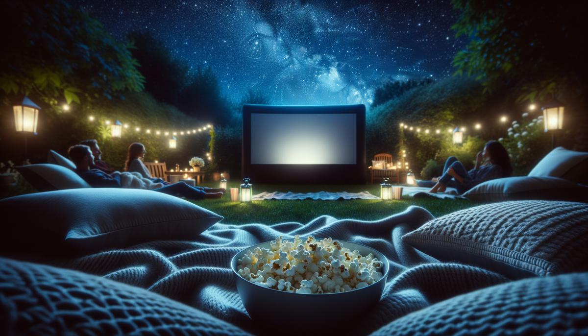 A cozy backyard movie night setup with blankets, popcorn, and a screen under the stars. Avoid using words, letters or labels in the image when possible.