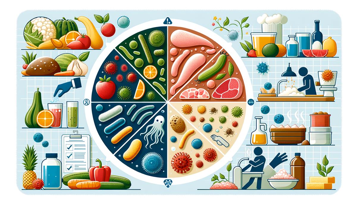 Image showing various factors influencing bacterial transfer such as type of food, bacteria species, environment, human behavior, and food condition.