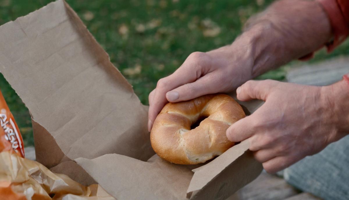 A close-up of a person's hands unwrapping a freshly baked bagel while sitting on a park bench