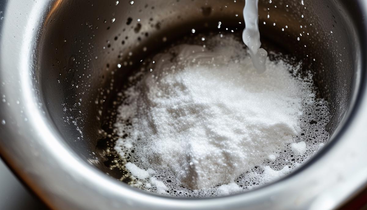 Baking soda and white vinegar foaming and fizzing in a drain, naturally breaking down grime and potential clogs.