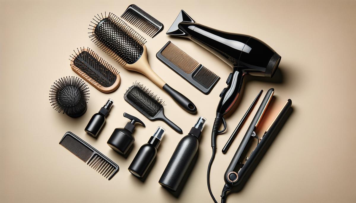 Various essential tools for styling and maintaining bangs, including brushes, blow dryer, flat iron, heat protectant, and curling wand.. Avoid using words, letters or labels in the image when possible.