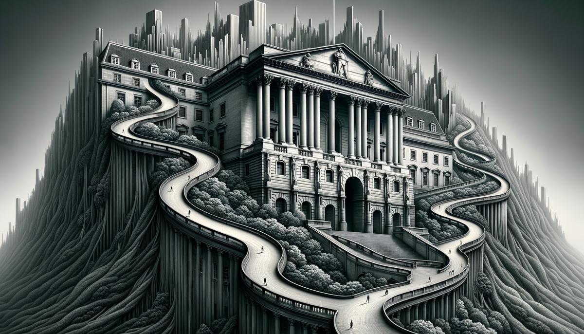 A conceptual image depicting the Bank of England navigating a winding path, representing the challenges in determining the appropriate interest rate strategy in light of persistent inflation.