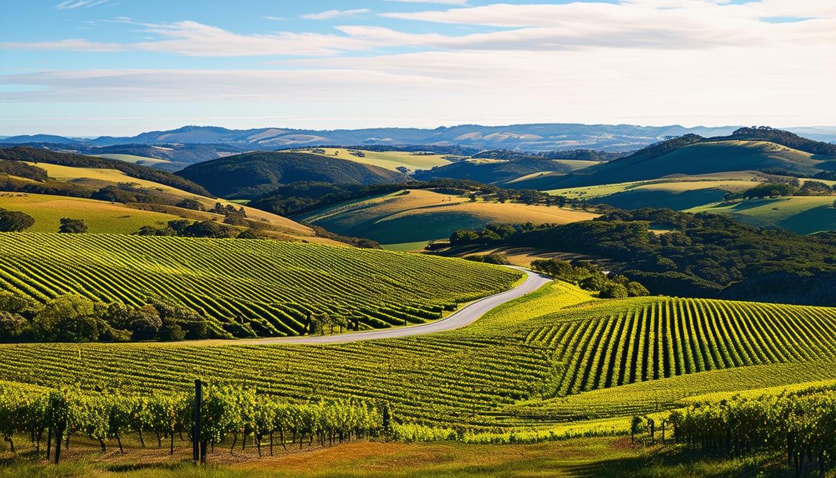 A scenic landscape view of the Barossa Valley in Australia, with rows of vineyards stretching across rolling hills and a winding road leading through the countryside.