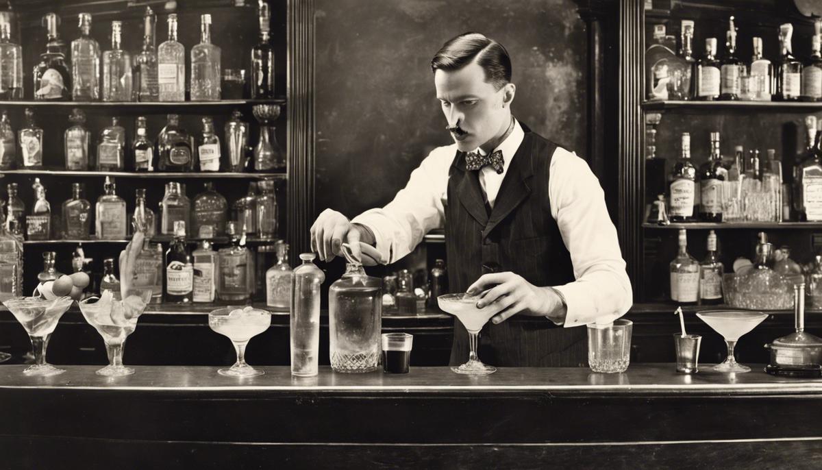 A bartender in 1920s attire making an Old Fashioned cocktail with fruit garnish during the Prohibition era