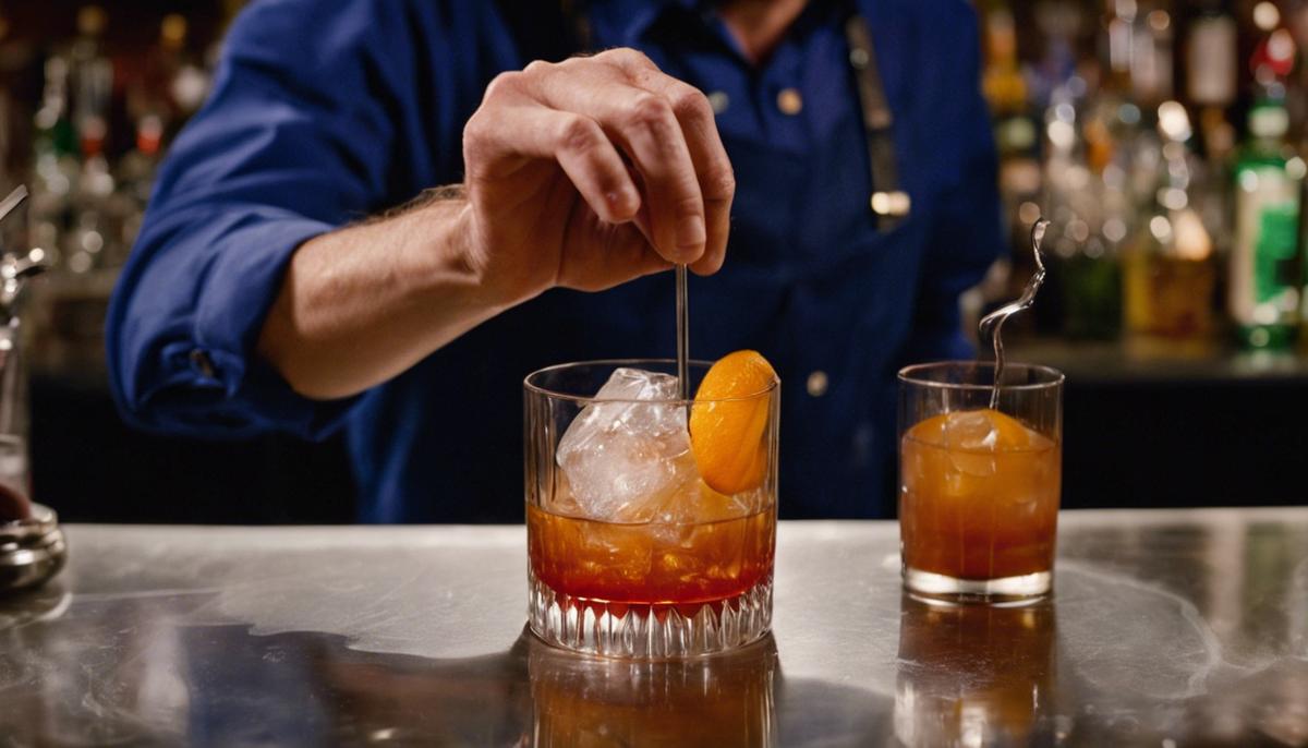 A bartender crafting an Old Fashioned cocktail, stirring it gently over a large ice cube