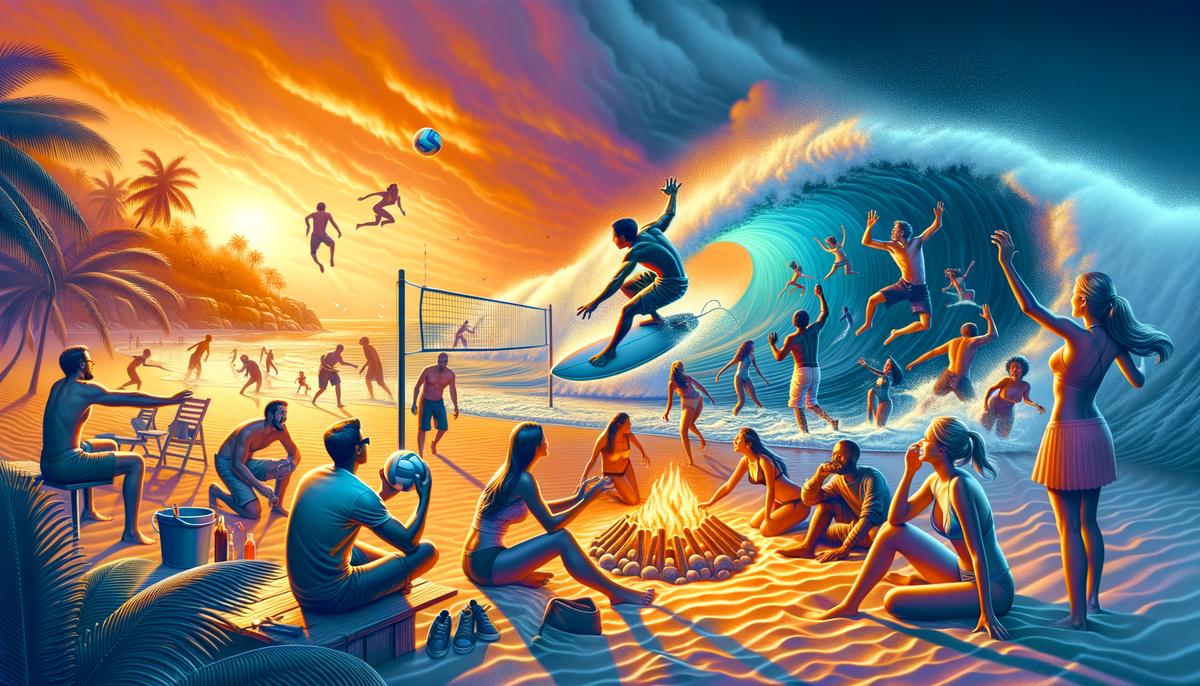 A vibrant and lively beach scene with people surfing, playing beach volleyball, building sandcastles, and enjoying a bonfire at sunset