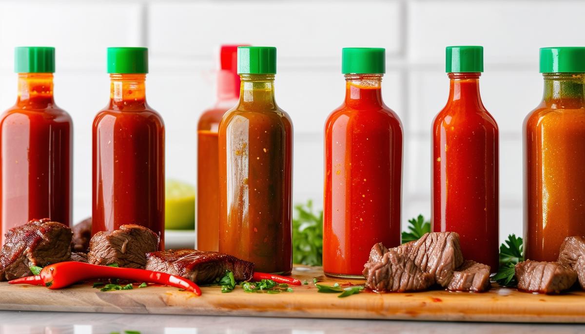 An assortment of hot sauces specifically paired with beef dishes