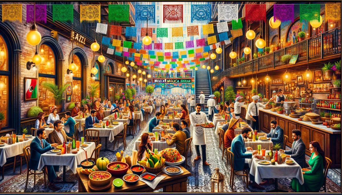 A vibrant and inviting Mexican restaurant in New York City, with colorful decor and delicious dishes on the tables