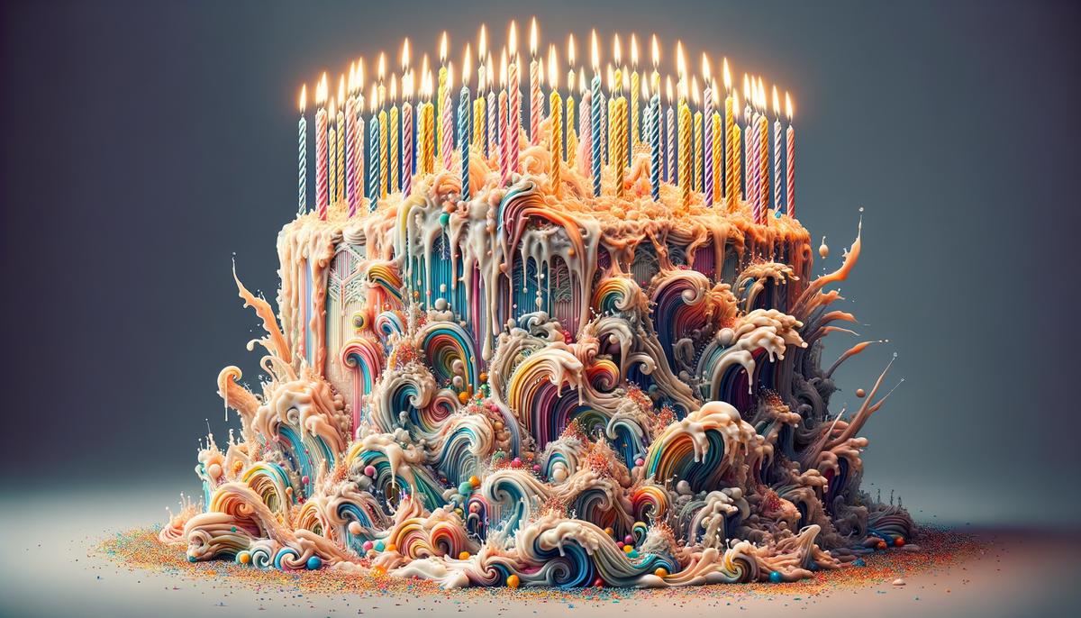 birthday cake with an excessive number of candles, enveloped in a sea of wax. Avoid using words, letters or labels in the image when possible.