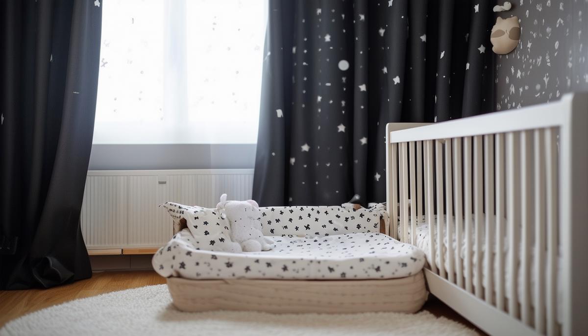 An image showing blackout curtains installed in a nursery to create a dark sleep environment for a baby.