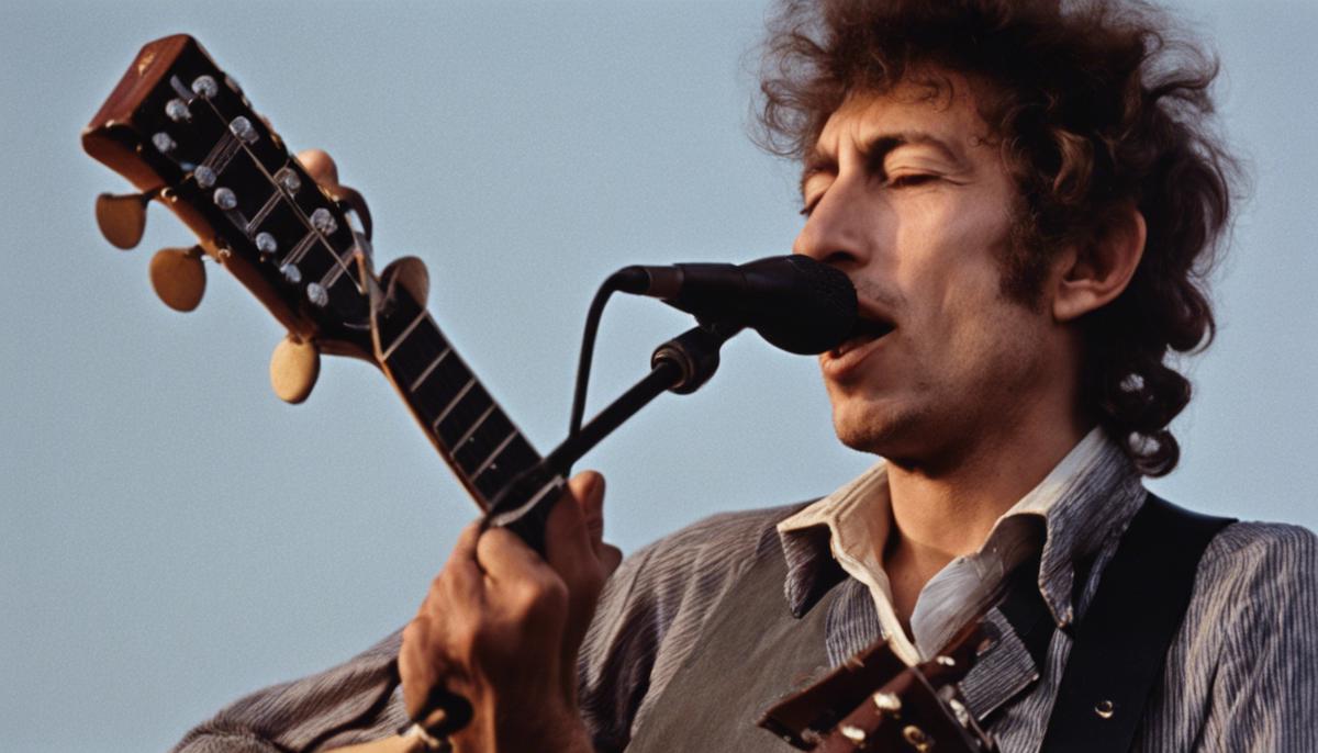 Bob Dylan playing guitar and harmonica on stage in the 1970s