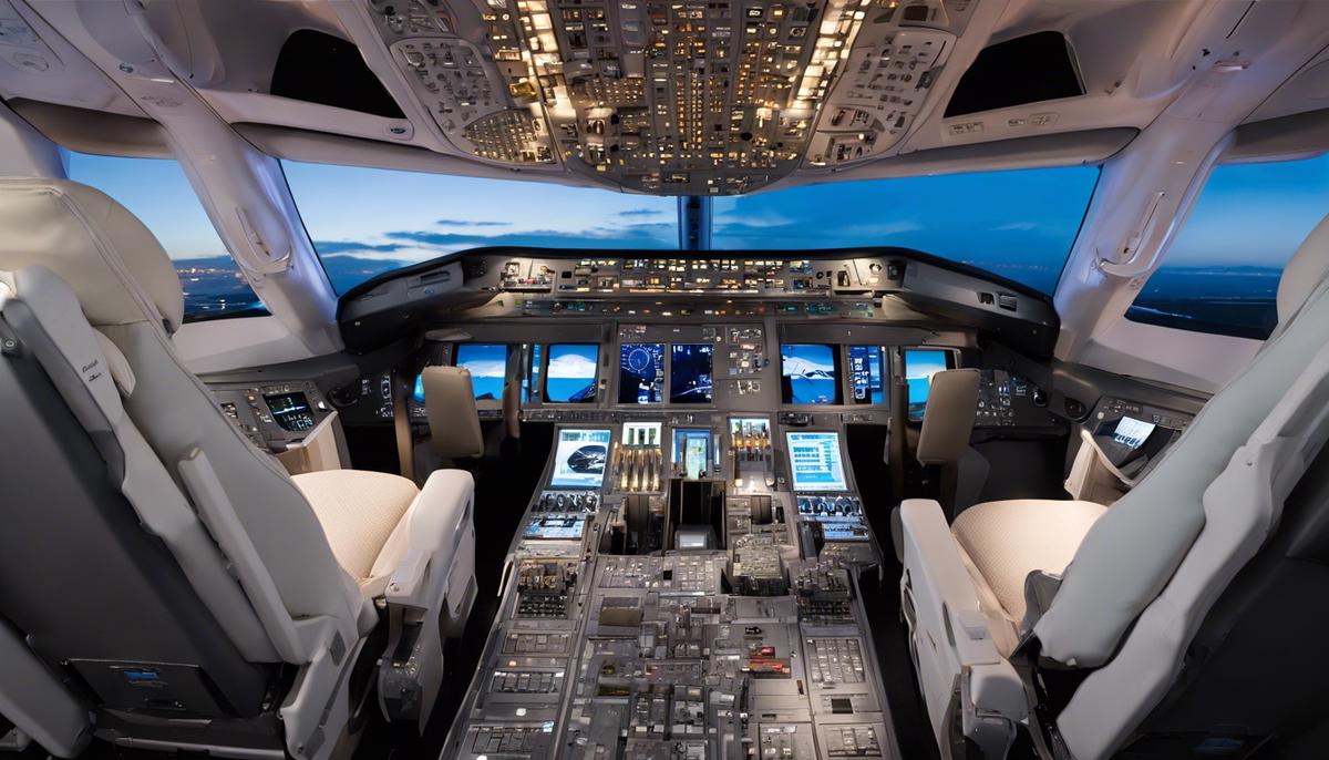 The sophisticated and modern cockpit of a Boeing 787 Dreamliner, highlighting the numerous switches and controls