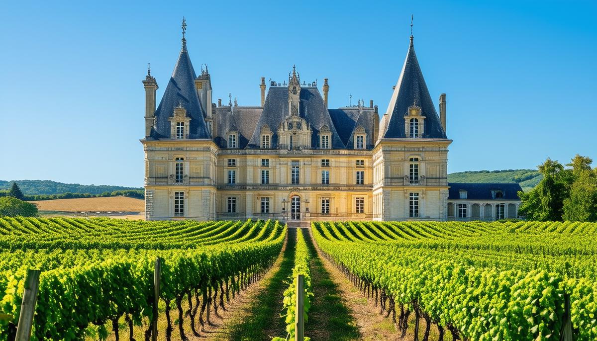 A grand chateau surrounded by meticulously maintained vineyards in the Bordeaux region of France, with a clear blue sky overhead.