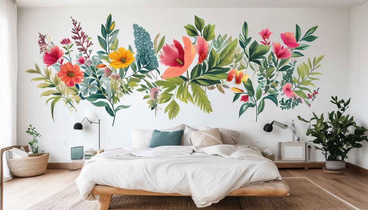 A wall in a modern bedroom featuring a large, colorful botanical vinyl wall decal, creating a striking focal point and adding visual interest to the space.