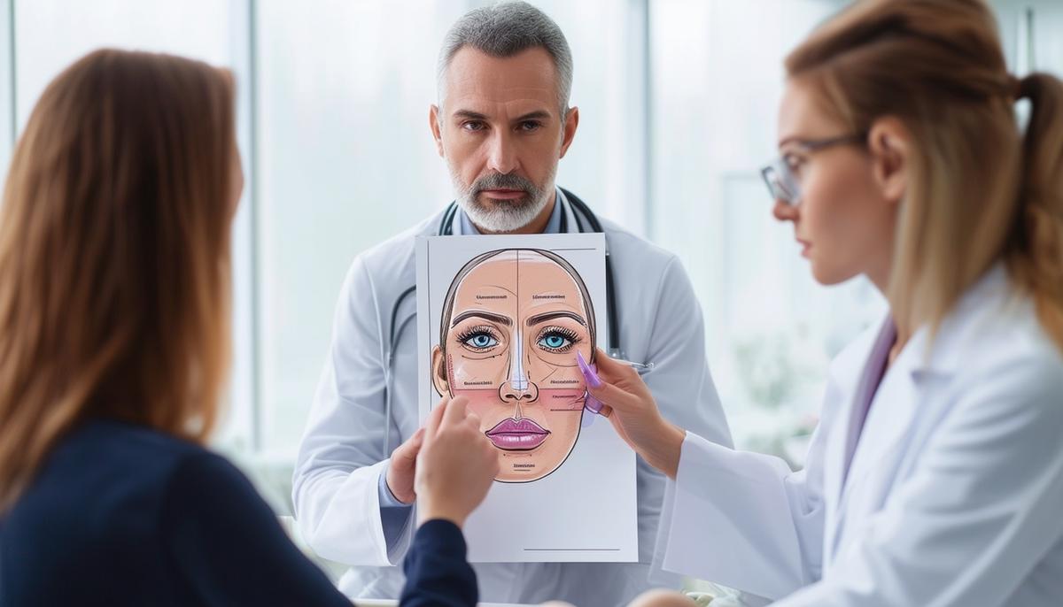 A doctor explaining Botox safety and potential side effects to a patient using a facial diagram