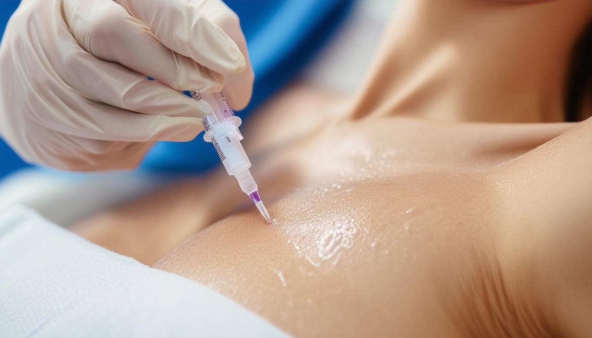 A close-up of Botox being administered to an underarm area for hyperhidrosis treatment