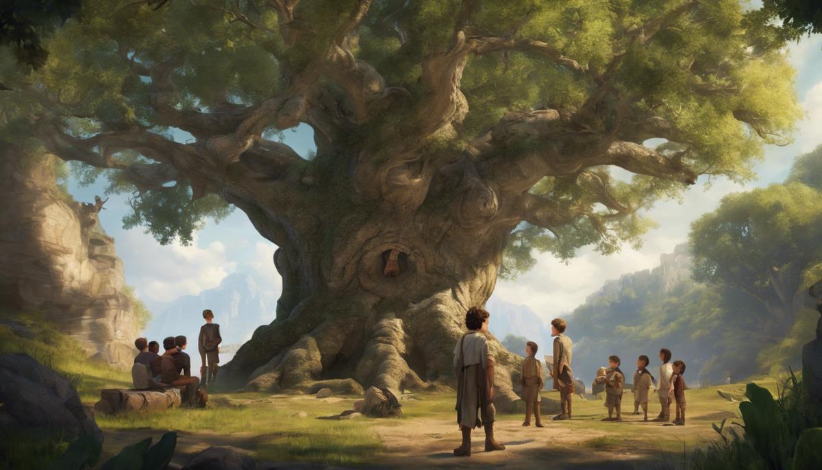 A boy talking to potential crew members under an ancient oak tree, gathering them for an epic journey of discovery