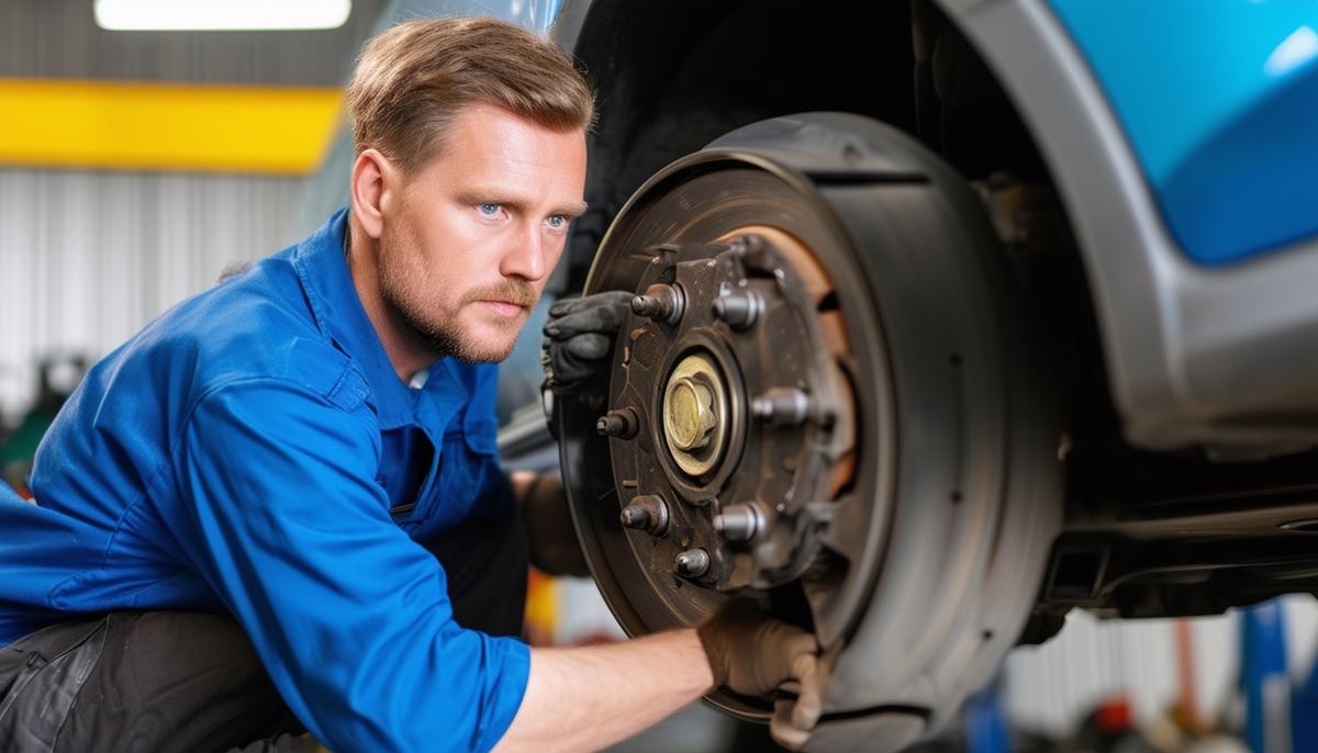 A mechanic inspecting the brake system of a car.