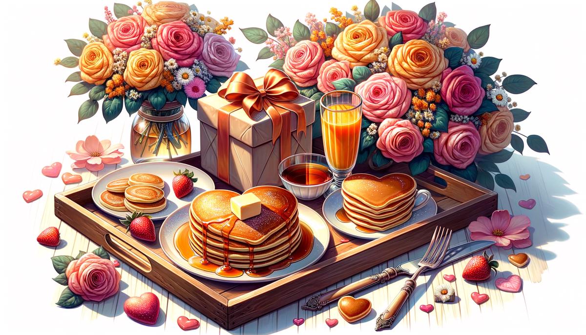 A cozy breakfast tray with heart-shaped pancakes, flowers, and a wrapped gift, creating a perfect morning surprise for a loved one. Avoid using words, letters or labels in the image when possible.