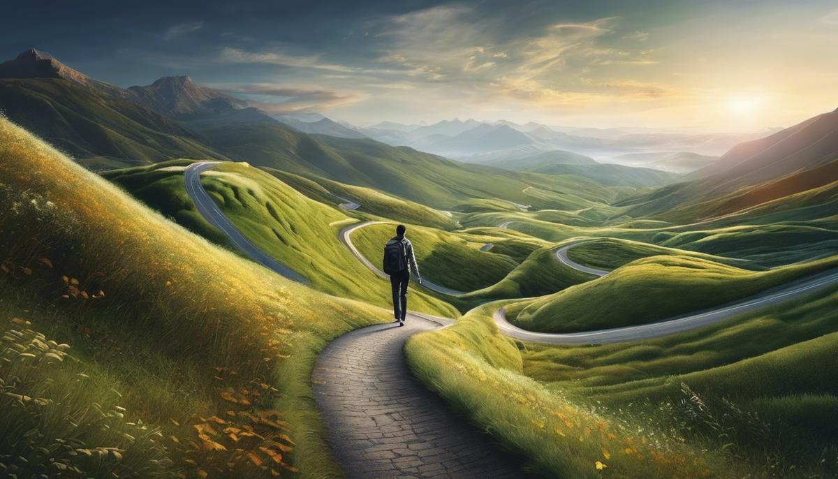 Illustration of a person walking on a winding road with various emotions depicted at different points along the path.