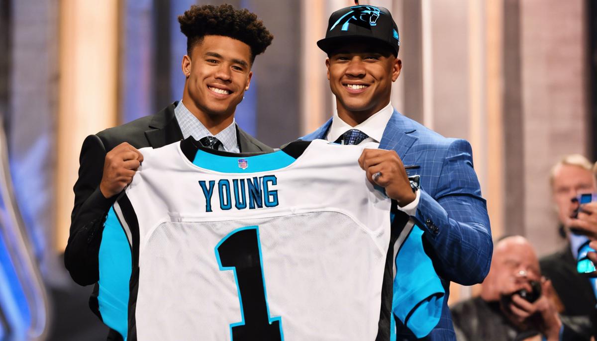 Photo of NFL draft prospect Bryce Young holding up a Carolina Panthers jersey after being drafted