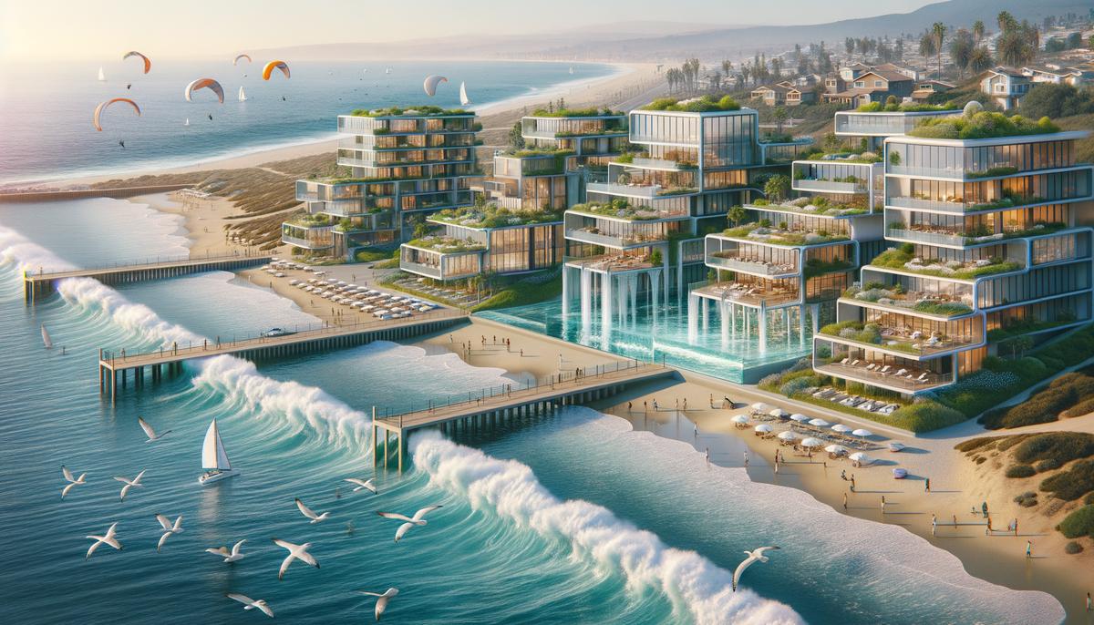 A futuristic concept image showcasing the potential future landscape of California's coastal real estate market, with innovative and sustainable building designs.