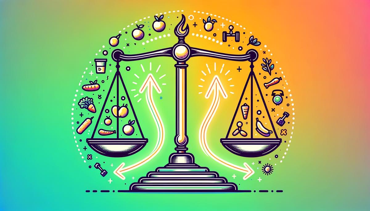 A visual representation of a caloric deficit concept with a scale showing energy intake on one side and energy burned on the other, with arrows indicating weight loss.