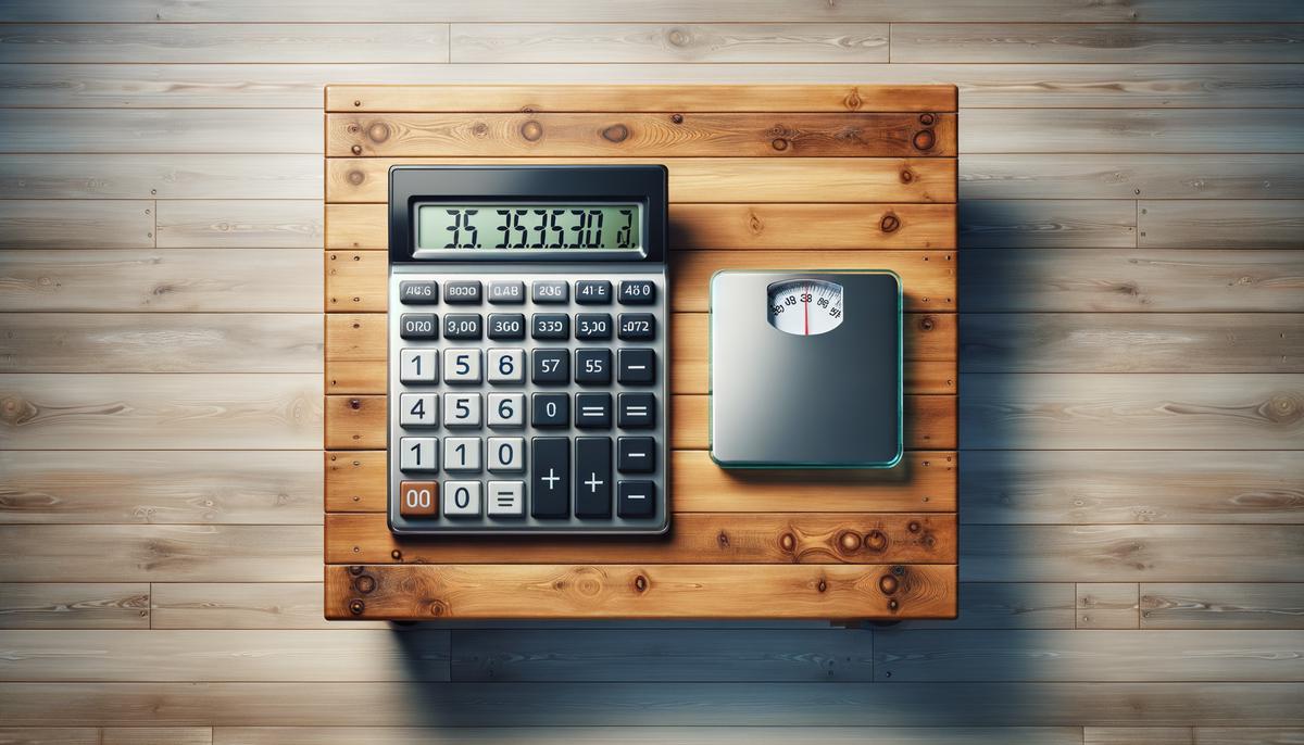 An image of a calculator and a scale on a table, representing the concept of calculating daily caloric needs