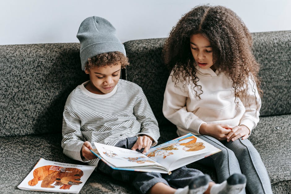 A diverse group of children sitting together, reading a book with colorful illustrations, showing engagement and excitement