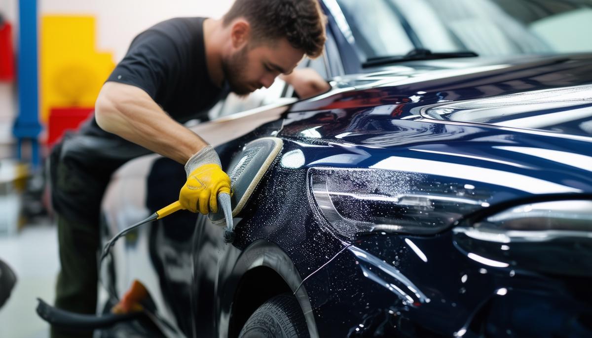 A car's exterior being meticulously detailed, with a focus on the polishing stage to restore the paint's glossy finish.