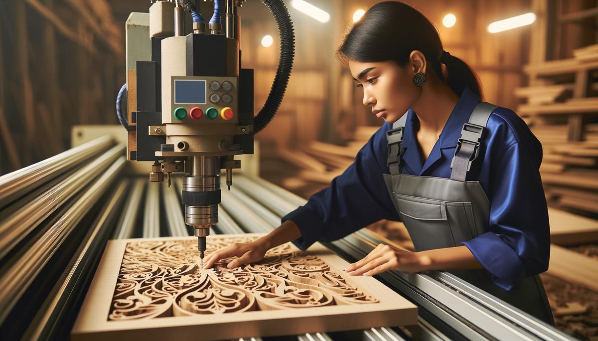 A carpenter operating a CNC machine to cut intricate designs into a wooden panel with precision.