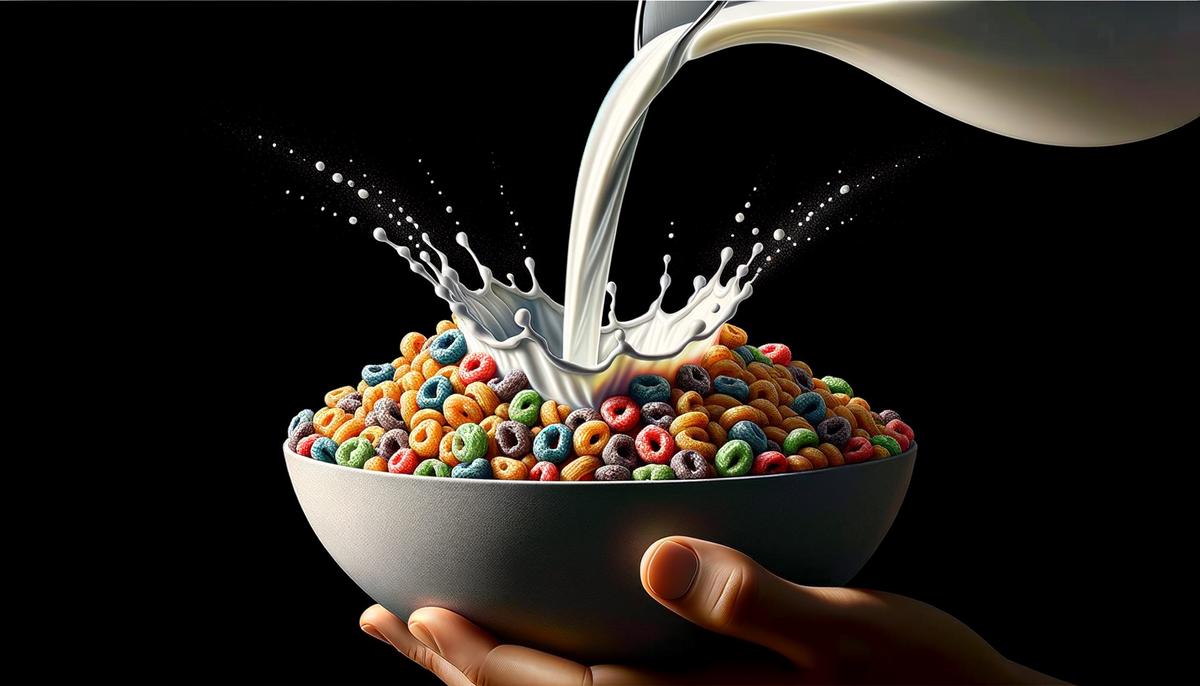 A bowl filled with cereal being poured on top with milk, showcasing the artistry and technique of breakfast cereal pouring. Avoid using words, letters or labels in the image when possible.