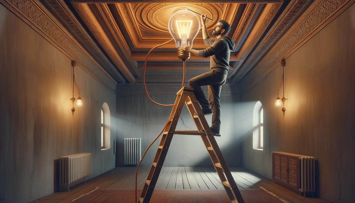 Image of a person using a ladder and a lightbulb changer pole to change a lightbulb. Avoid using words, letters or labels in the image when possible.