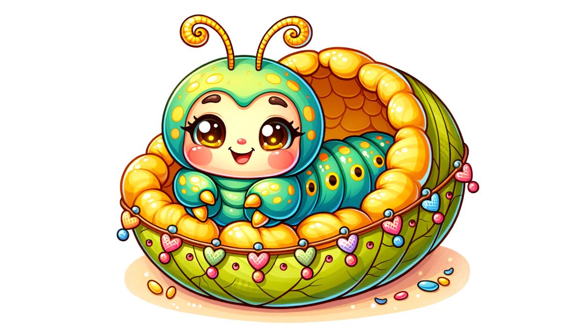 Image of a charming caterpillar drawing with colorful decorations, expressive eyes, and antennae in a cozy cocoon