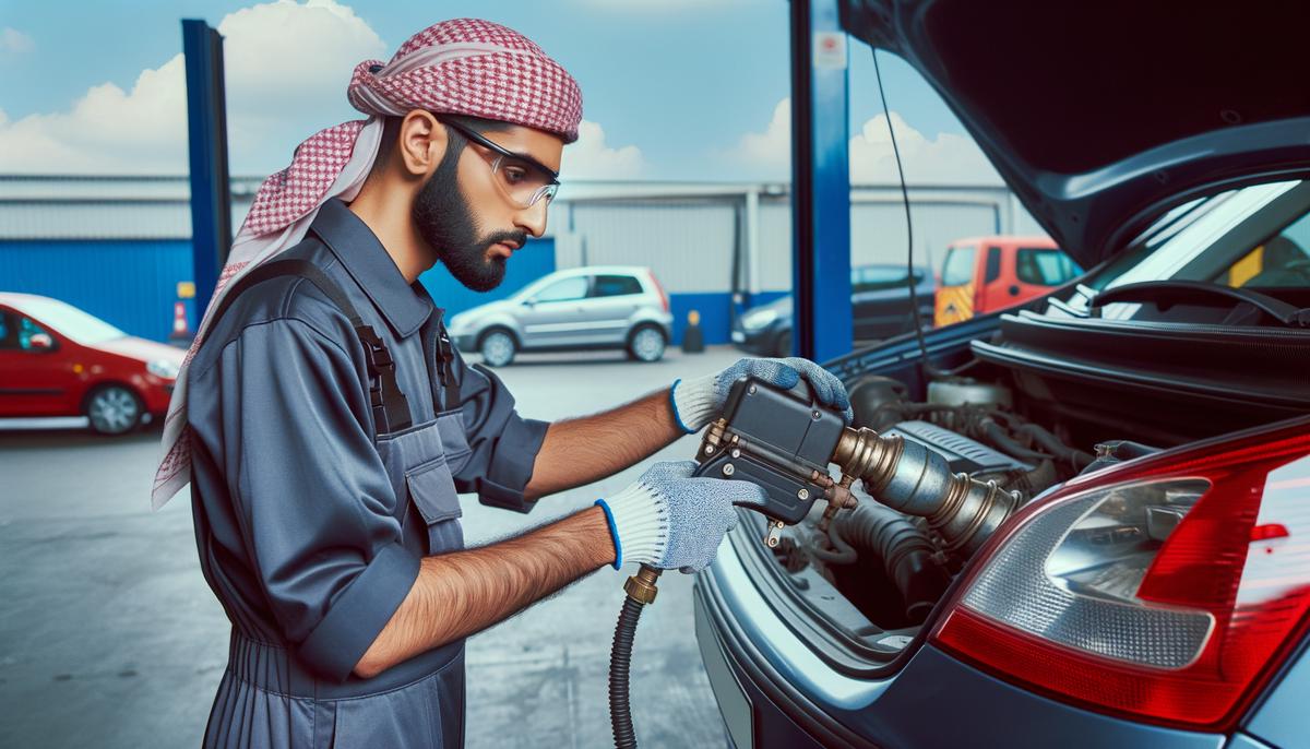 A mechanic using specialized equipment to test the exhaust emissions of a car