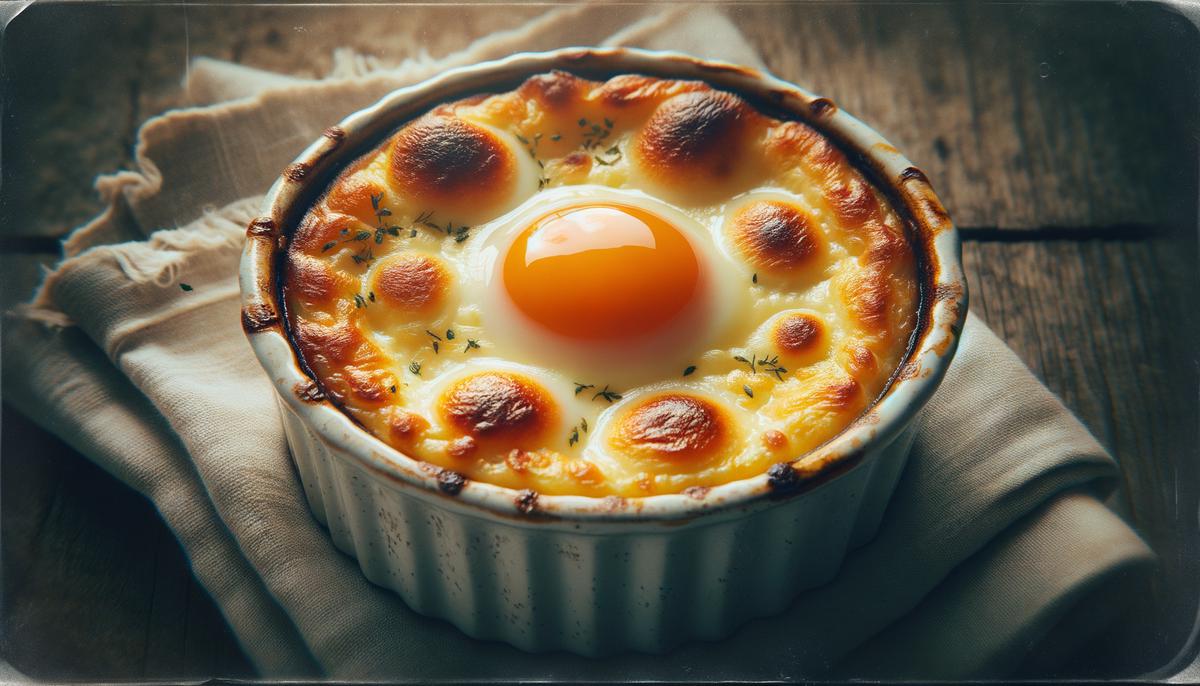 A dish of baked eggs with melted cheese and a golden crust