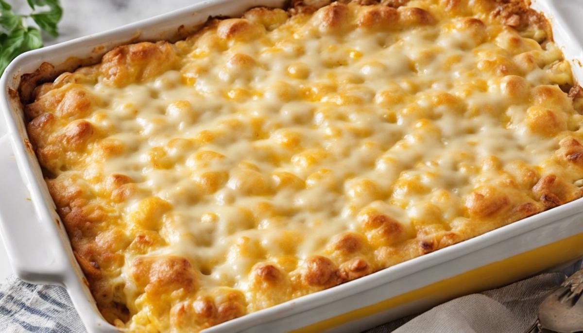 A golden brown cheesy casserole fresh out of the oven with melted cheese bubbling on top